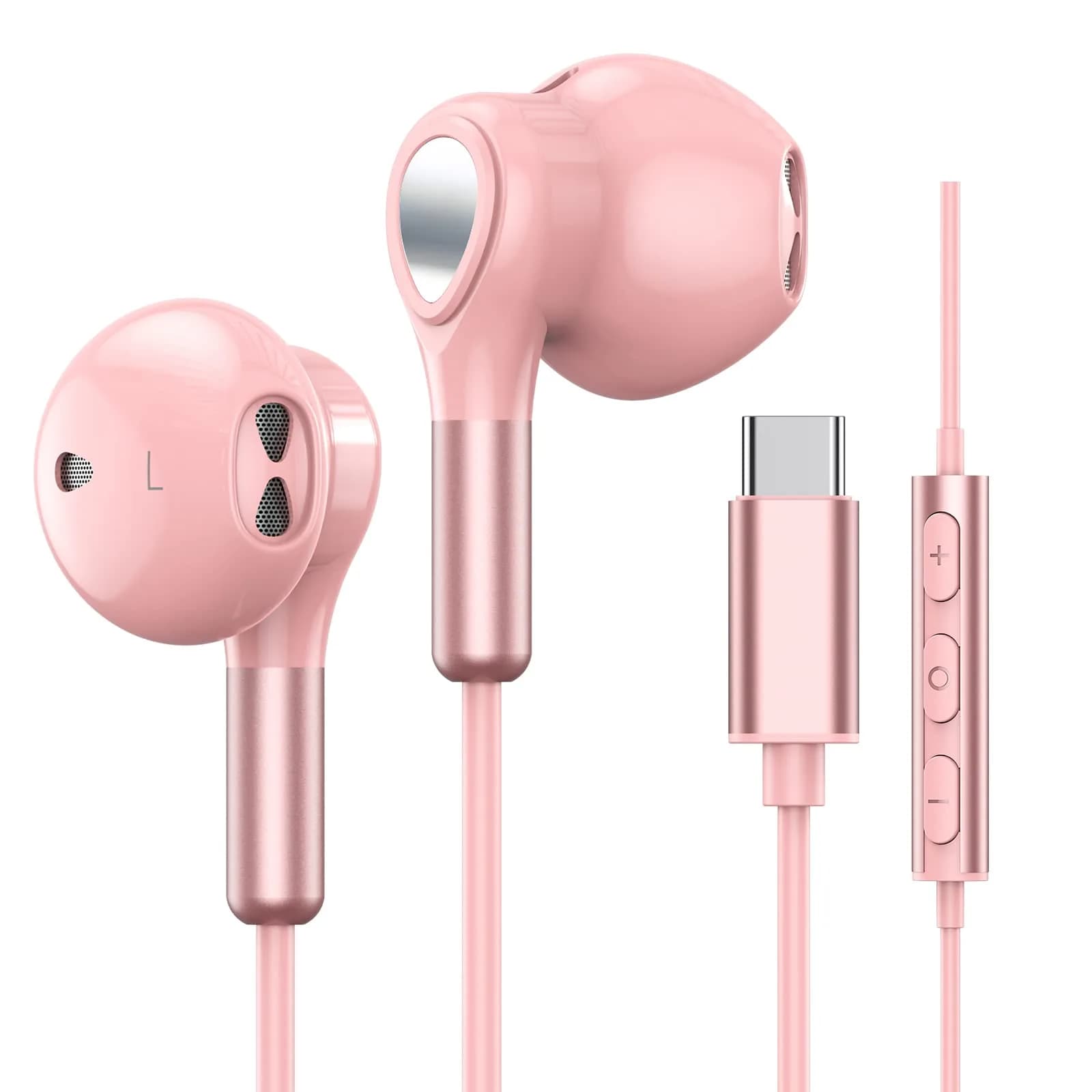 BENEWY Wired USB C Headphones with Mic & Volume Control, 1.3m Tangle-Free Cable | HiFi Stereo Sound — Pink