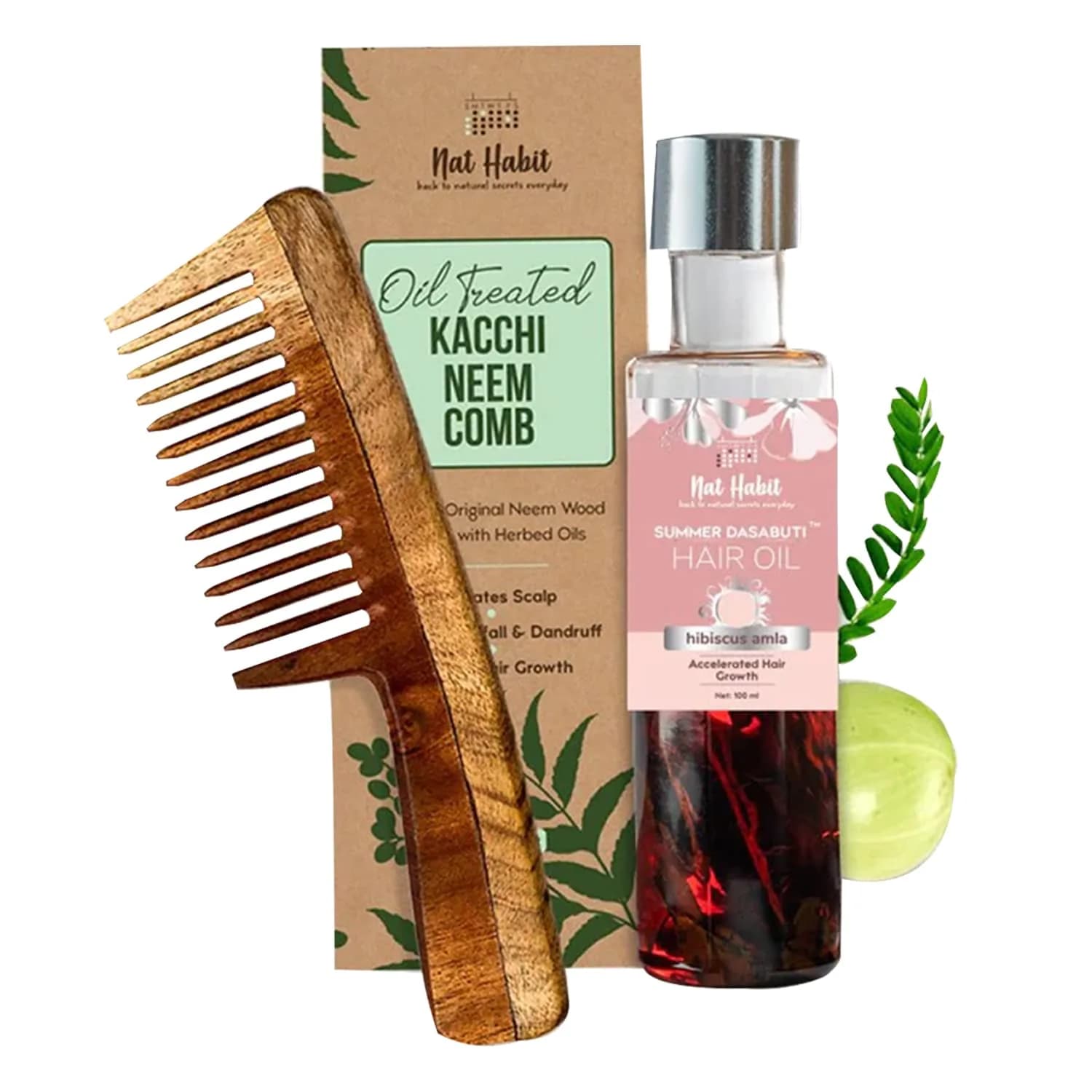 Nat Habit Everyday Wide Tooth Wooden Comb & Hibiscus Hair Oil Combo Pack | 16cm (6.3in) Length, 7cm (2.7in) Width - main product image