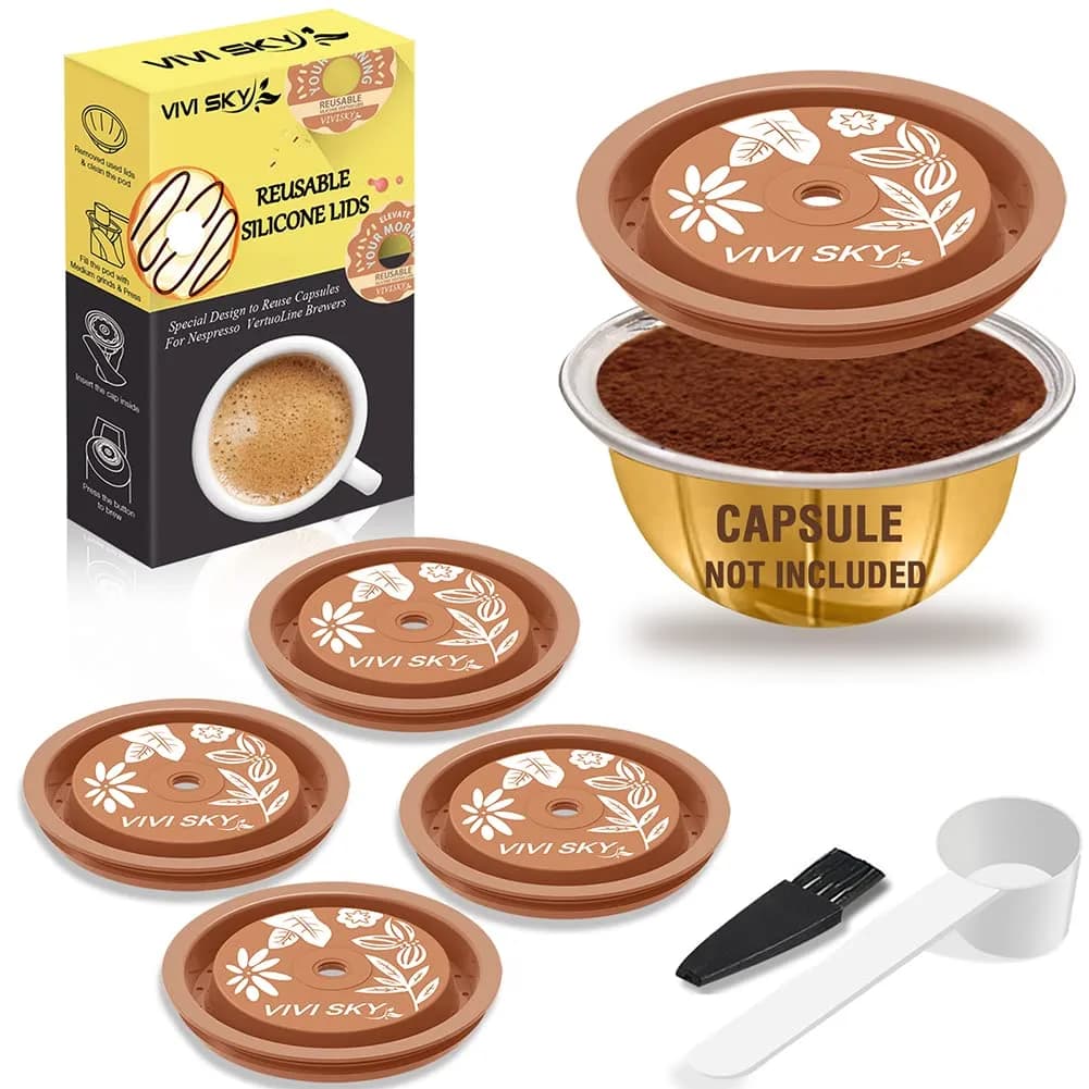 VIVI SKY Silicone Lids for Nespresso Vertuo Pods: 3 Pack Reusable Covers | Fits All Vertuo Pod Sizes — Silicon Vertuoline Lids- 5PCS