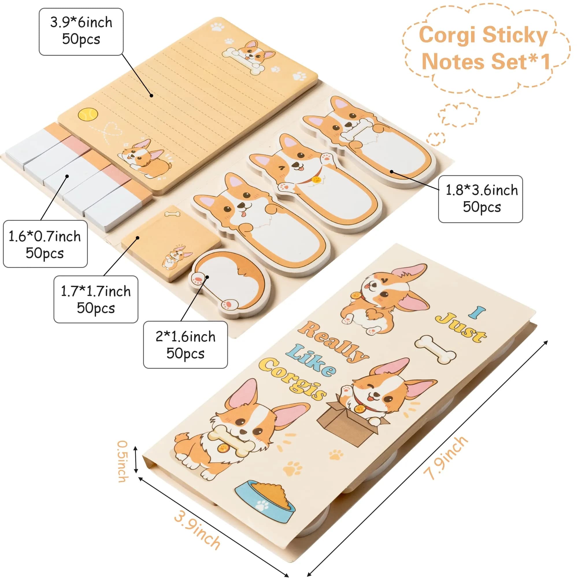 Xqumoi Corgi Butt Sticky Notes Set, 550 Sheets, Cute Cartoon Animal Divider Tabs Bundle Writing Memo Pads - main product image