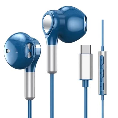 BENEWY Wired USB C Headphones with Mic & Volume Control, 1.2m Tangle-Free Cable, 14.2mm Dynamic Drivers | Blue thumbnail 1