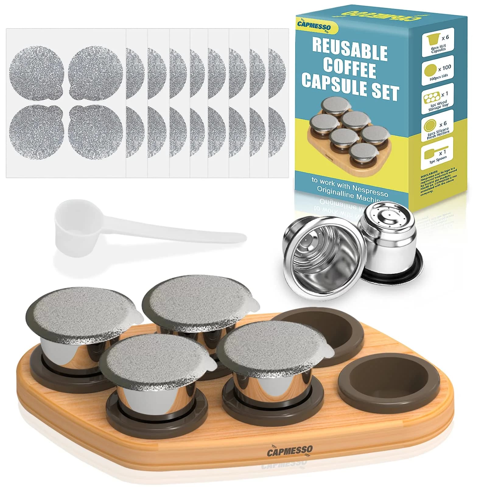 CAPMESSO Aluminum Coffee Pod Seal Lids for Nespresso Original Line Capsules, 120PCS | Reusable Coffee Filter Alternative — 100 Silver Lids+ 6 Pods+ Wood Tray