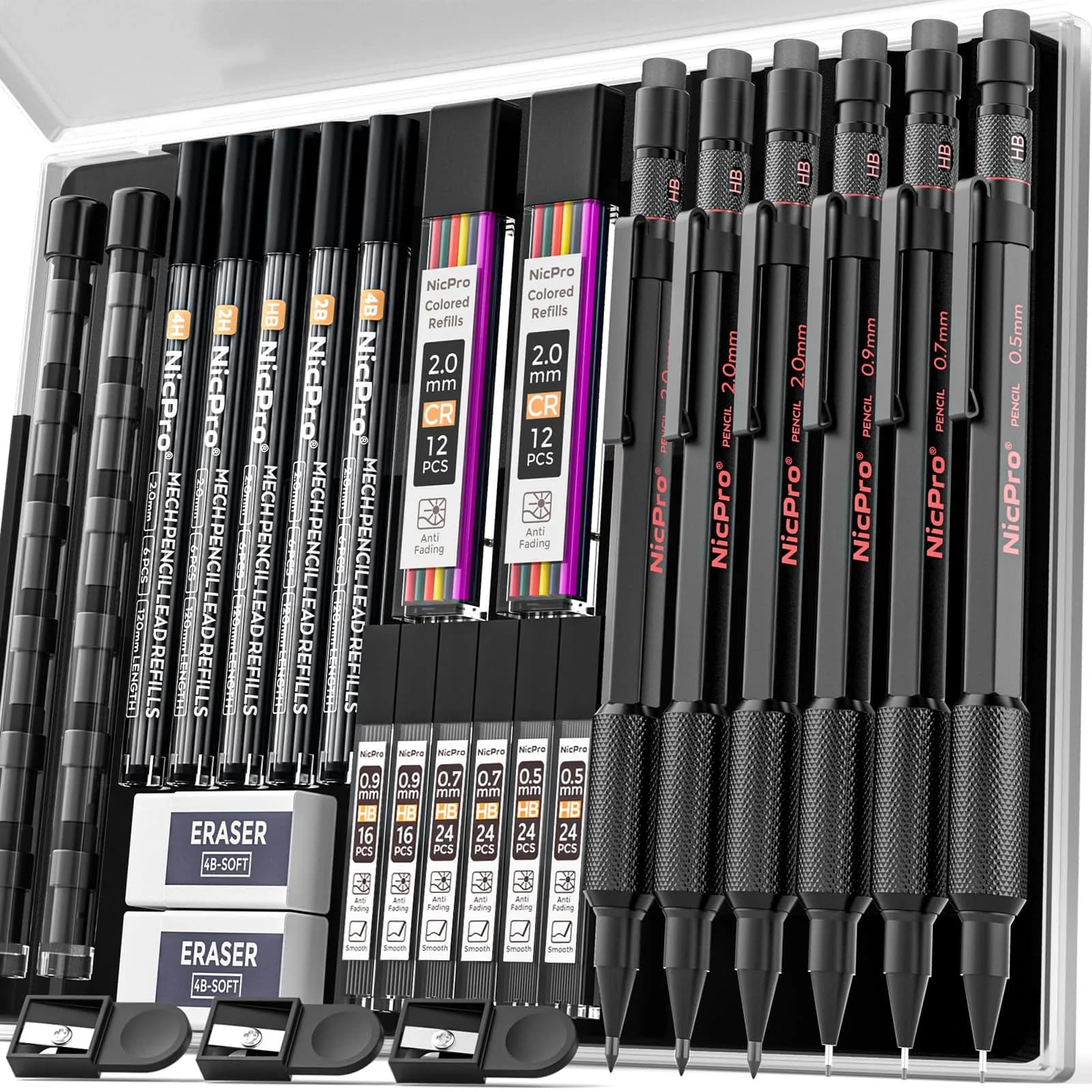Nicpro Metal Mechanical Pencil Set with Leads & Erasers | 0.5-2.0mm, 6-Pack - main product image
