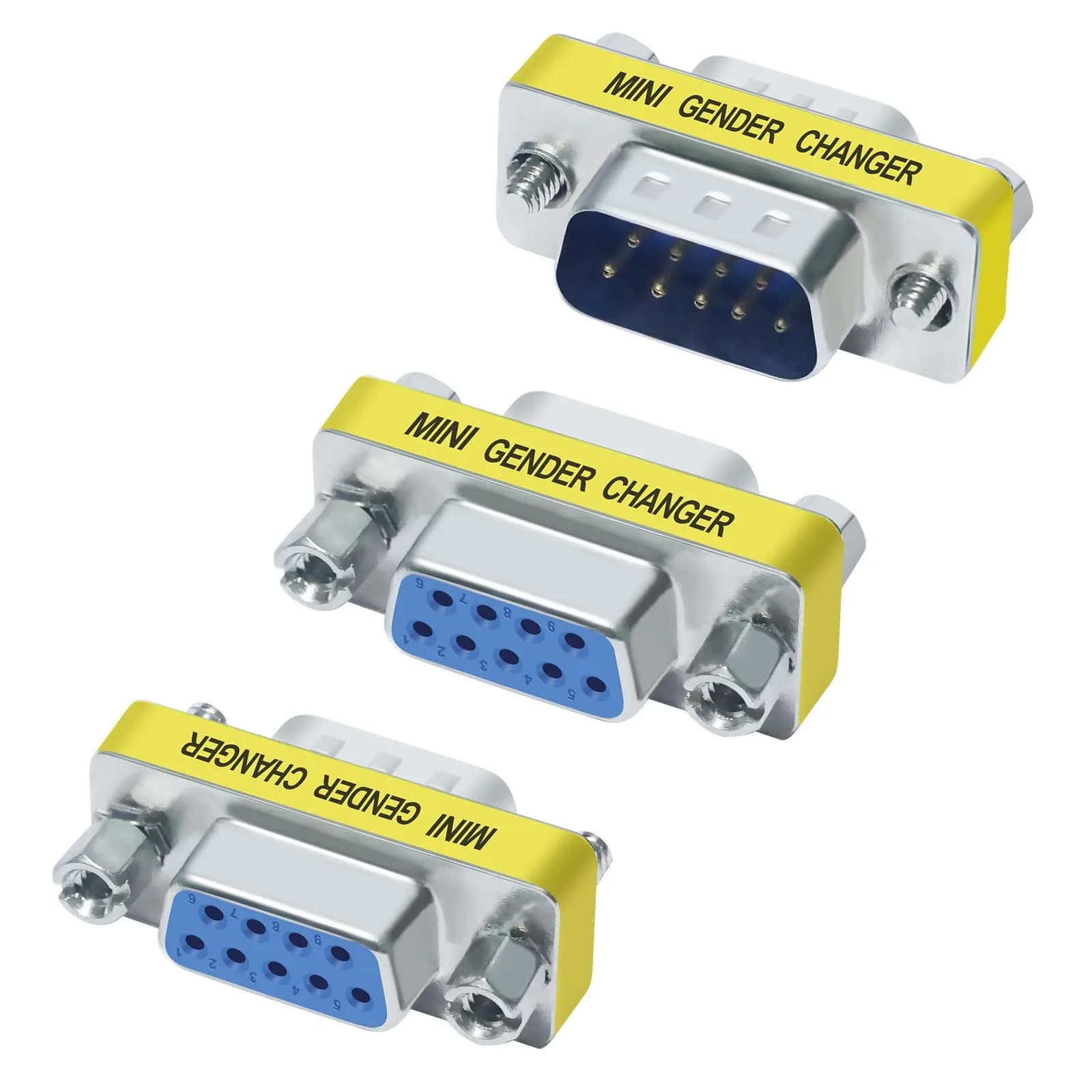 DTECH Serial Adapter 3-Pack (DB9 F-F, M-F, M-M) Mini Size RS232 Coupler | Straight-Through Wired