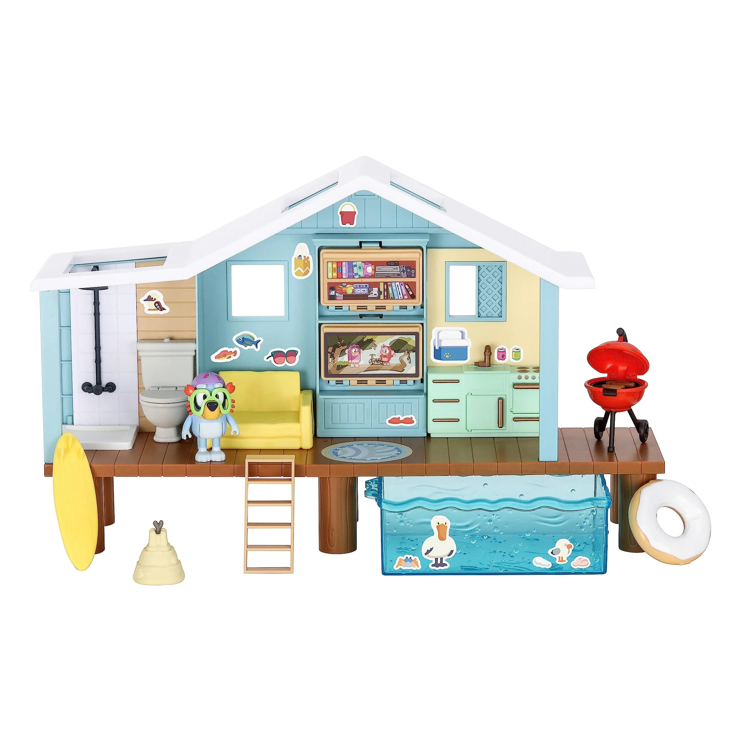 Bluey Beach Cabin Playset 10-Inch (25.4cm) with 10 Play Pieces & Goggles Figure | ASTM-Tested Toy for Kids Ages 3+