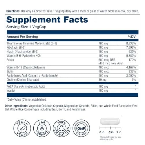 SOLARAY Vitamin B Complex 100 mg | Vegan, 275 VegCaps for Energy & Skin thumbnail 2