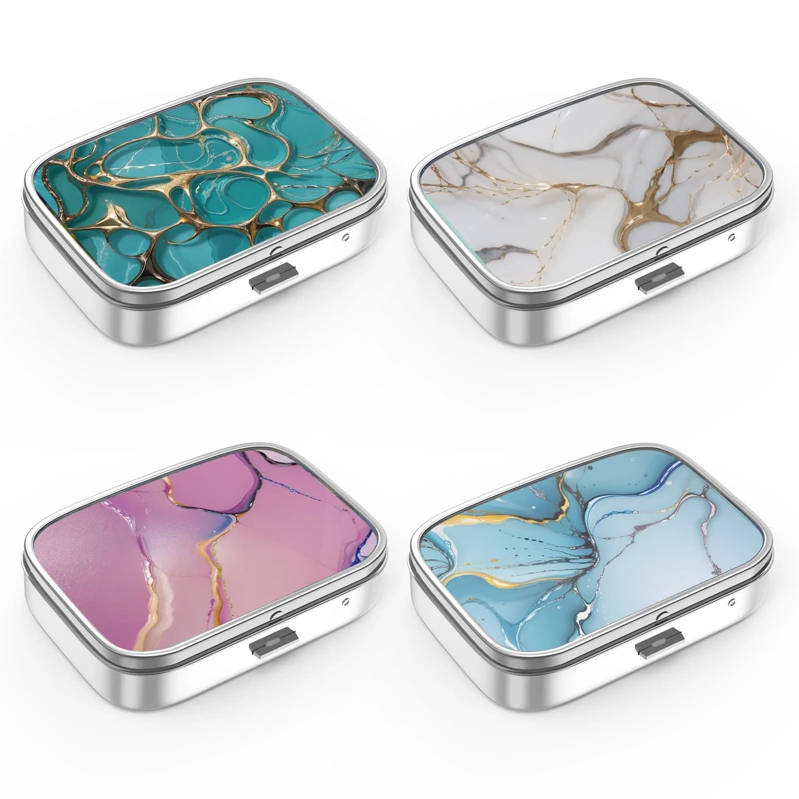 Hion 2 Compartment Pill Box 5.5cm (2.2") | Metal Organizer for Daily Vitamins — Set-4-marble / 4 Pieces