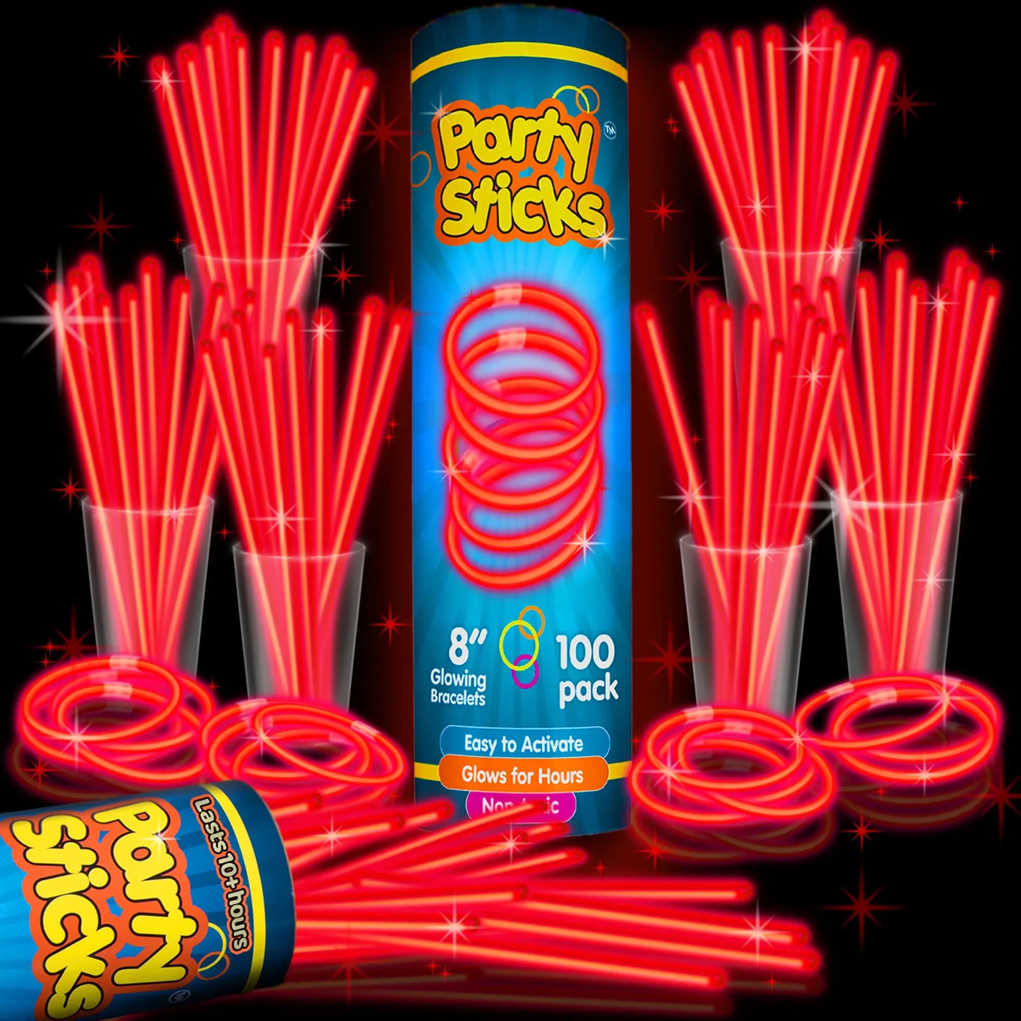 PartySticks Red Glow Sticks 100 Count | 8 Inch Glow in The Dark Light Up Sticks for Parties & Decorations