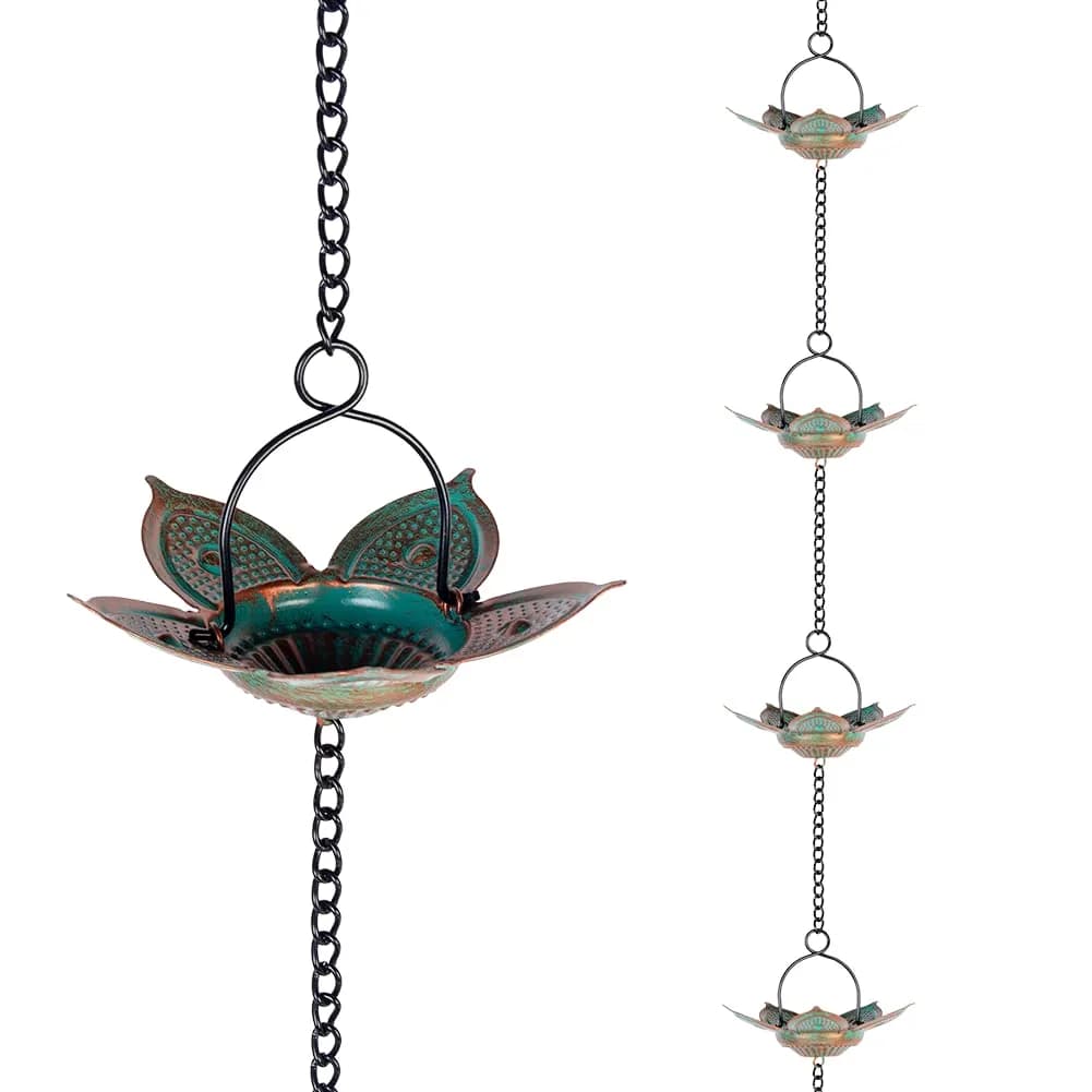 Qipade 8.3 FT Lotus Rain Chain with 12 Cups | Durable Metal Gutter Decor
