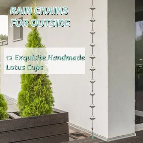 Qipade 8.3 FT Lotus Rain Chain with 12 Cups | Durable Metal Gutter Decor thumbnail 5