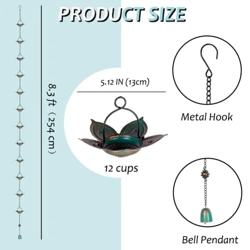 Qipade 8.3 FT Lotus Rain Chain with 12 Cups | Durable Metal Gutter Decor thumbnail 3