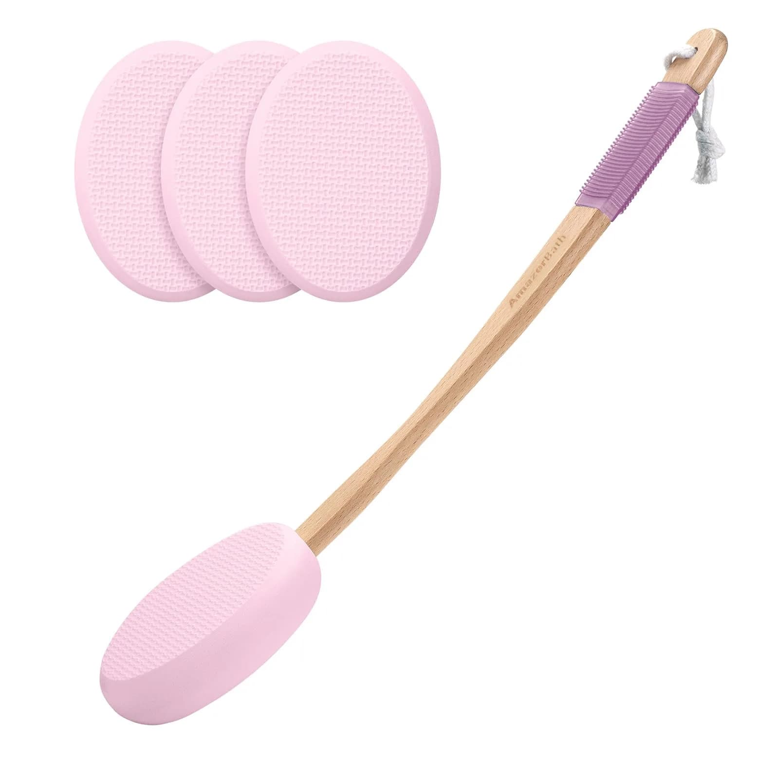 AmazerBath Lotion Applicator for Back, Feet, 4 Replaceable Pads with Long Handle, Gray | Applies Lotion Evenly — Pink