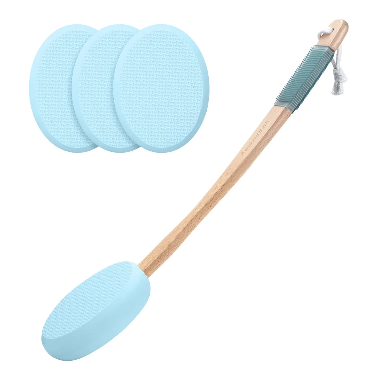 AmazerBath Lotion Applicator for Back, Feet, 4 Replaceable Pads with Long Handle, Gray | Applies Lotion Evenly — Blue