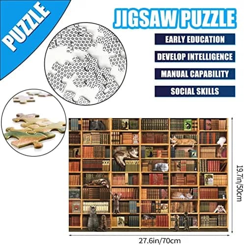 RECHIATO Cats Library Jigsaw Puzzle 1000+ Pieces | Funny Kitten Bookshelf Puzzle for Animal Lovers thumbnail 7