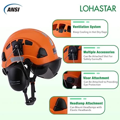 LOHASTAR Safety Helmet Hard Hat Vented ANSI Z89.1 Approved Work Hardhat for Forestry Chainsaw Arborist Tree Logging Helmet (Orange+Tinted Visor+Earmuff) | Impact-Resistant thumbnail 2