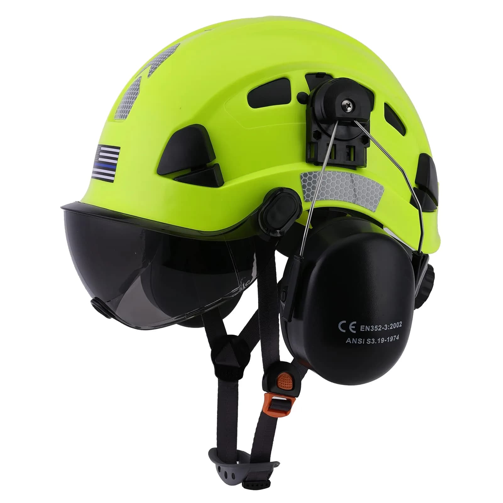 LOHASTAR Safety Helmet Hard Hat Vented ANSI Z89.1 Approved Work Hardhat for Forestry Chainsaw Tree Logging (White+Clear Visor+Earmuff) | 1 Size — Green+Tinted visor+Earmuff