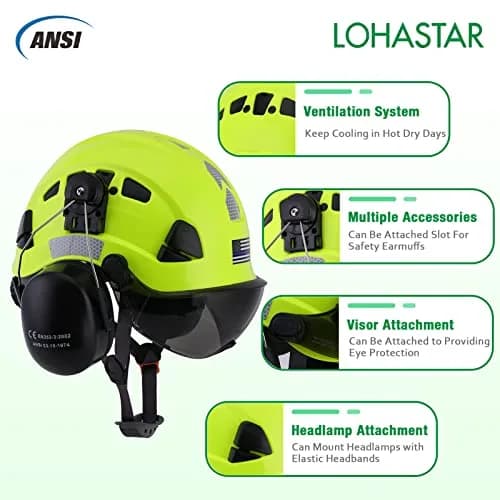 LOHASTAR Safety Helmet Hard Hat Vented ANSI Z89.1 Approved Work Hardhat for Forestry Chainsaw Tree Logging (Green+Tinted Visor+Earmuff) | Impact-Resistant thumbnail 4