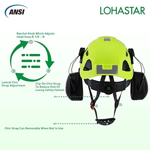LOHASTAR Safety Helmet Hard Hat Vented ANSI Z89.1 Approved Work Hardhat for Forestry Chainsaw Tree Logging (Green+Tinted Visor+Earmuff) | Impact-Resistant thumbnail 5