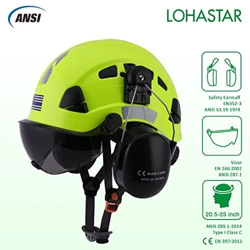LOHASTAR Safety Helmet Hard Hat Vented ANSI Z89.1 Approved Work Hardhat for Forestry Chainsaw Tree Logging (Green+Tinted Visor+Earmuff) | Impact-Resistant thumbnail 2