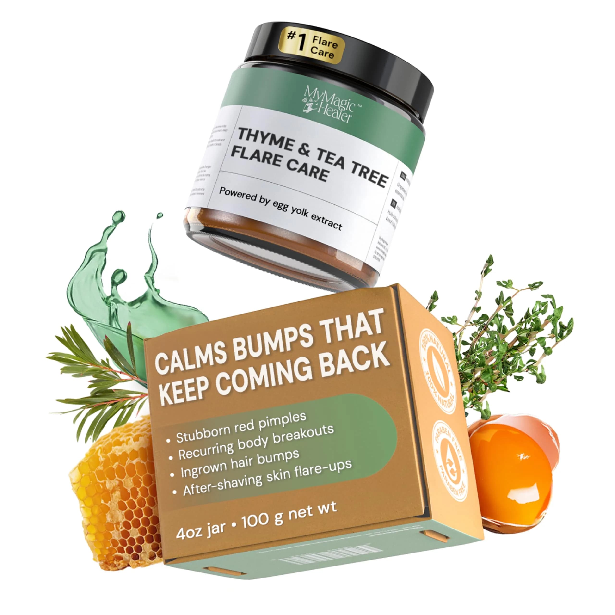 MyMagicHealer Thyme & Tea Tree Flare Care Salve 29.57 ml (1 oz) | Soothes Breakout-Prone Skin, Ingrown Hair & Bumps — 4 oz