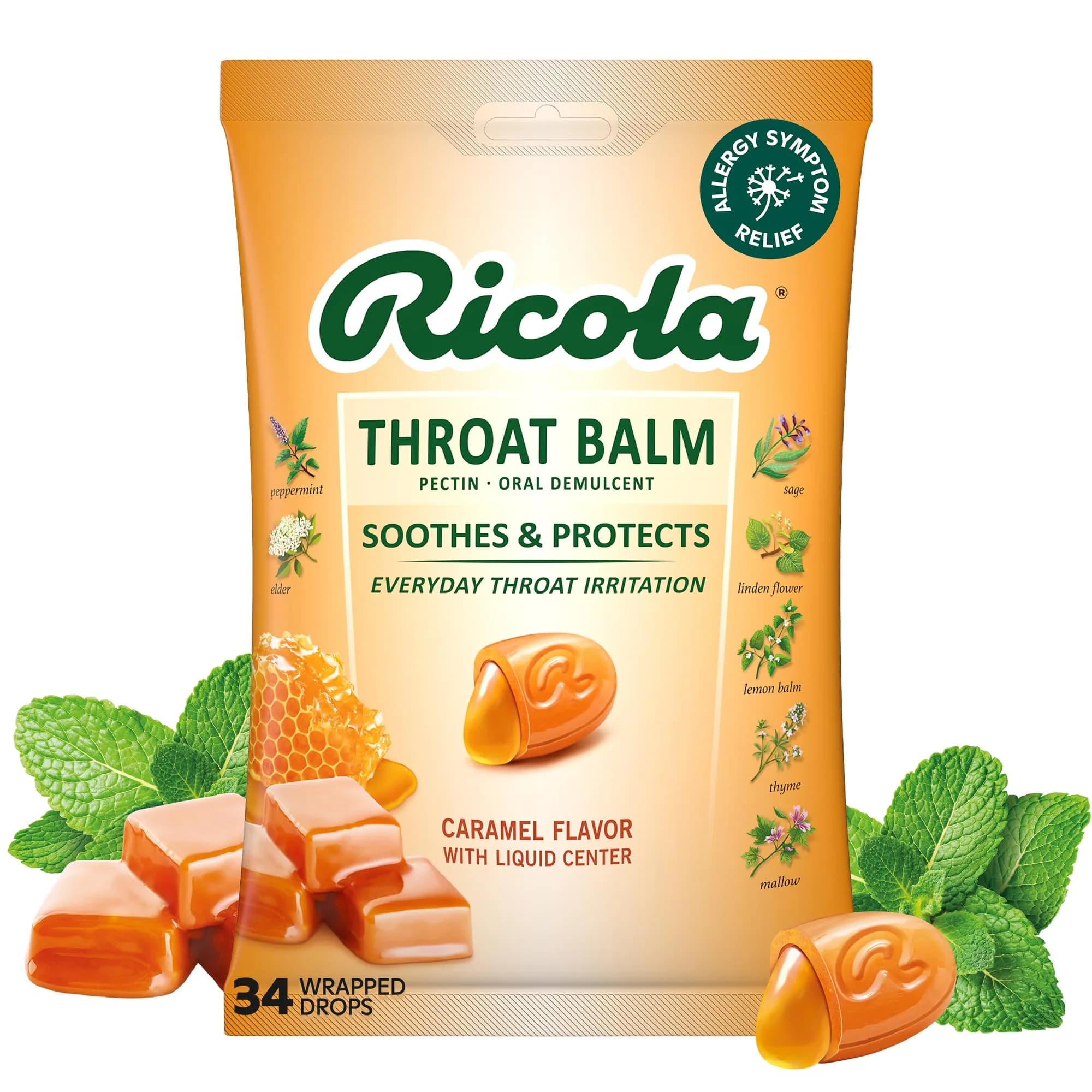 Ricola Throat Balm Caramel Herbal Throat Drops - 34 Count | Swiss Alpine Herbs for Gentle Voice Care - main product image