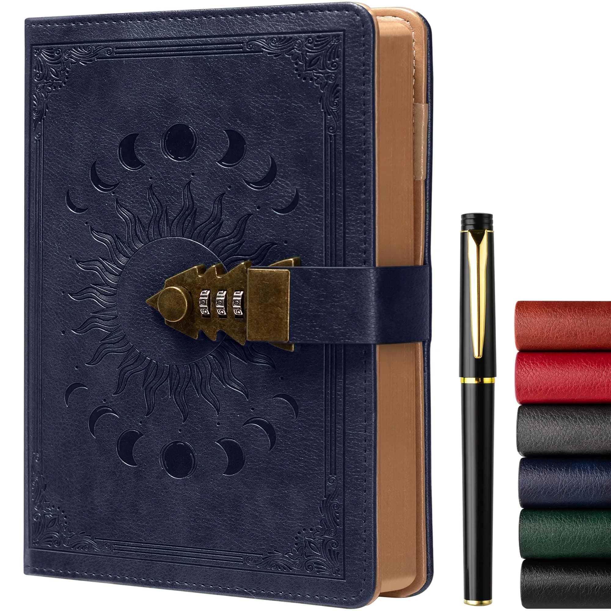 ZXHQ Lockable Journal for Women & Men A5 240 Pages Refillable Leather Notebook with Lock and Pen | Vintage Brown — Dark Blue
