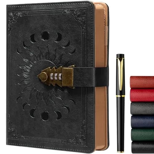 ZXHQ A5 Lock Diary with Pen Set, 260 Pages Refillable Leather Hardcover, 15.6 x 23 cm (5.9 x 8.5 inch) | Secure Password Lock for Privacy thumbnail 1