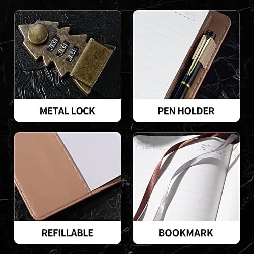ZXHQ A5 Lock Diary with Pen Set, 260 Pages Refillable Leather Hardcover, 15.6 x 23 cm (5.9 x 8.5 inch) | Secure Password Lock for Privacy thumbnail 5