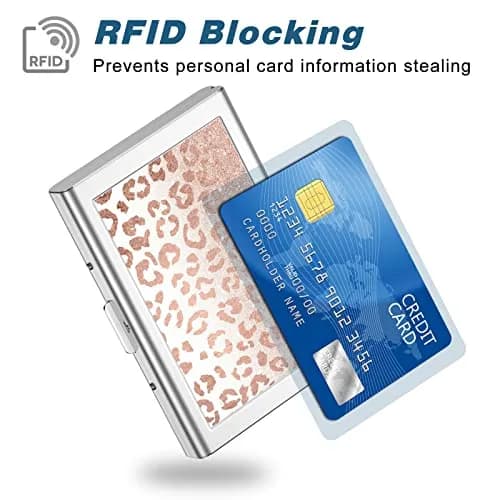 Rimilak Metal Credit Card Holder Mini Wallet Pink Leopard | RFID Blocking Slim Card Case for Women thumbnail 2