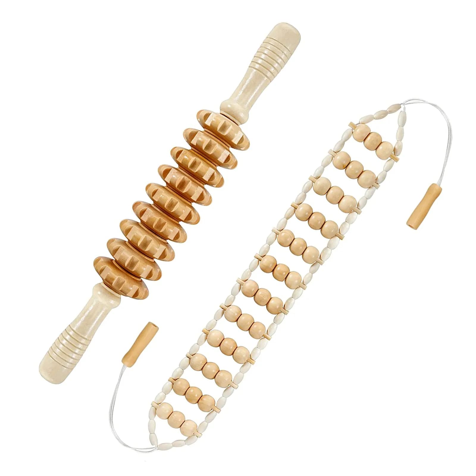 Deston Wooden Back Massager Roller Rope | Handheld Wooden Massage Tool for Back & Neck Relief — Light Brown