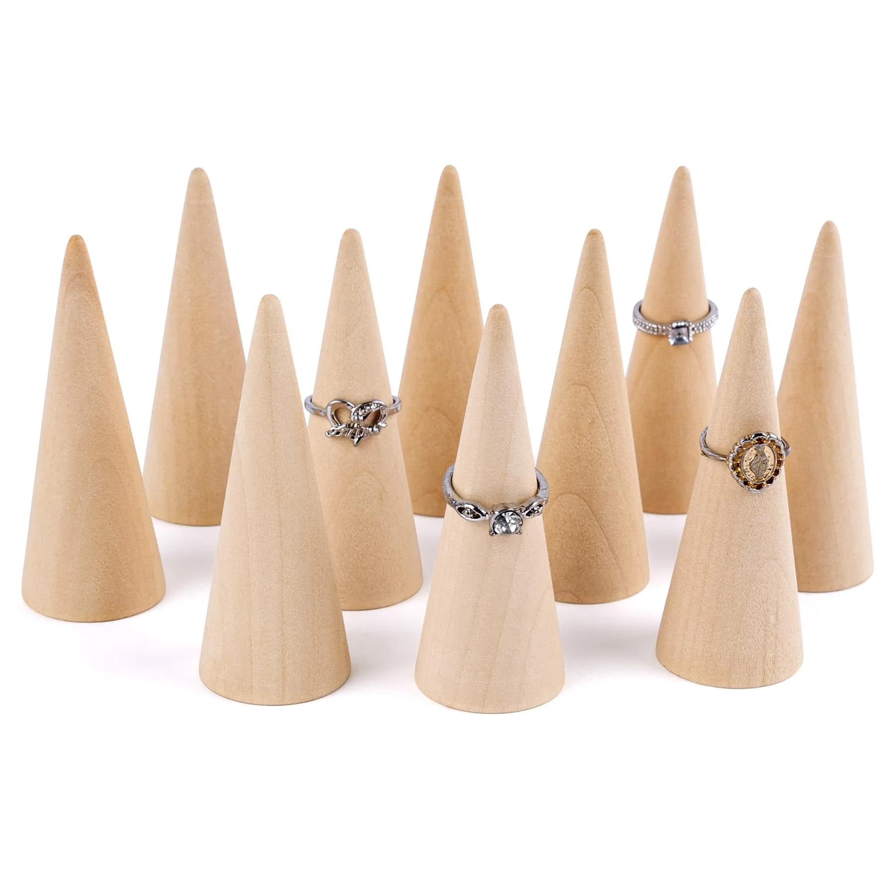 AUEAR 10 Pack Wooden Cone Ring Display Holder, 3cm (1.18") x 8cm (3.15") | Natural Wood Finger Jewelry Stand - main product image