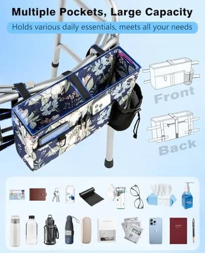 Rhino Valley Walker Basket with Cup Holder, Foldable Walker Bag for Seniors | Large Capacity & Adjustable Fit thumbnail 2