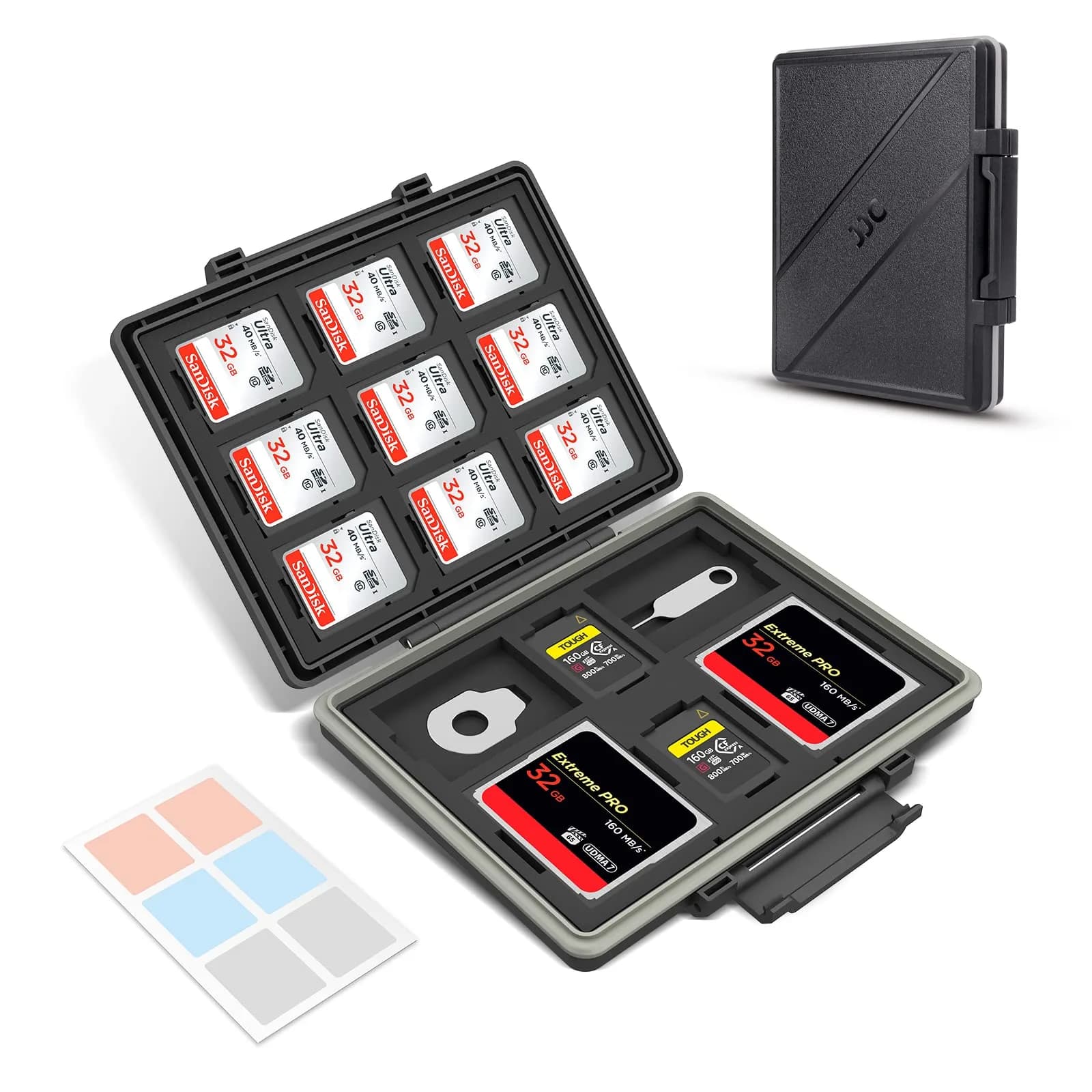 JJC 45-Slot Memory Card Case Holder | 12 SD + 30 Micro SD + 2 CF + 2 XQD/CFexpress Type B + 2 CFexpress Type A | Black