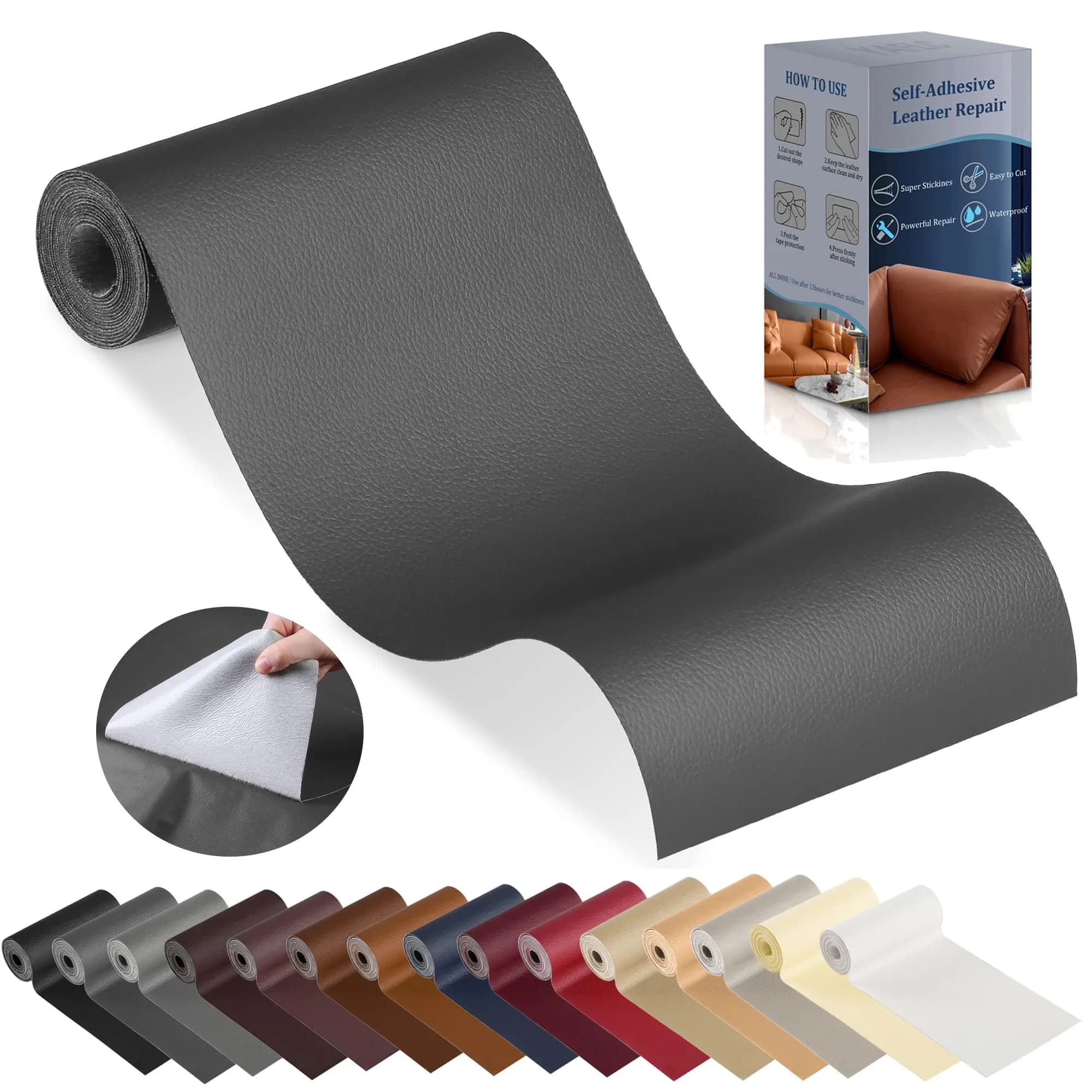 YAFLC Self Adhesive Leather Repair Patch 160cm x 10.2cm (63" x 4") | Quick Fix for Furniture & Car Seats — Dark Grey
