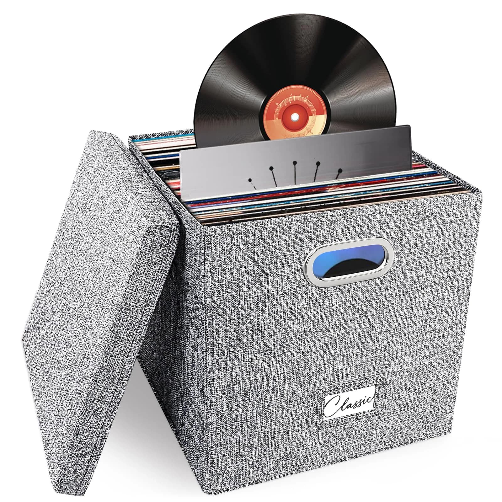 Woodoulogy Vinyl Record Storage Box for 50+ LPs | Space-Saving, Durable Linen Case with Lid — Grey