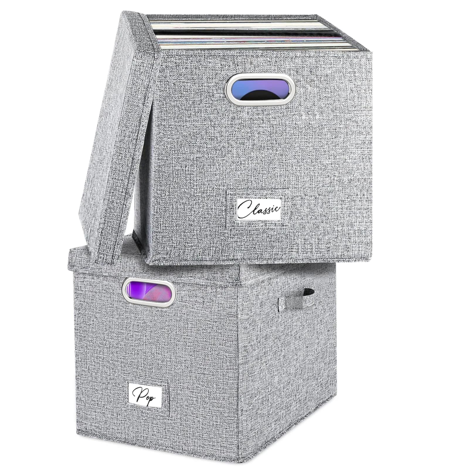Woodoulogy Vinyl Record Storage Box for 50+ LPs | Space-Saving, Durable Linen Case with Lid — Grey