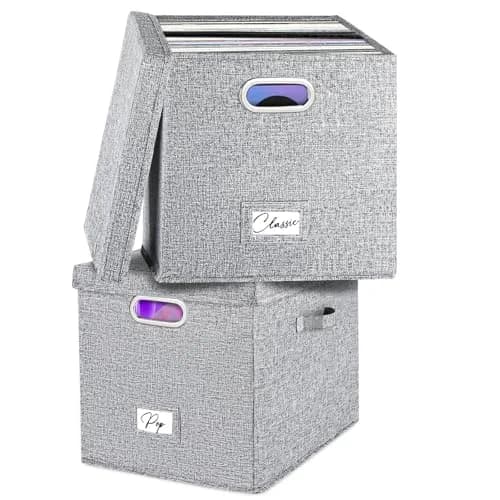 Woodoulogy Vinyl Record Storage Box 13" Cube Grey Linen | Space-Saving, Collapsible, Protects 50+ LPs thumbnail 1