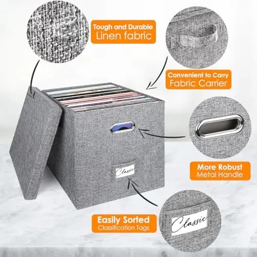 Woodoulogy Vinyl Record Storage Box 13" Cube Grey Linen | Space-Saving, Collapsible, Protects 50+ LPs thumbnail 4