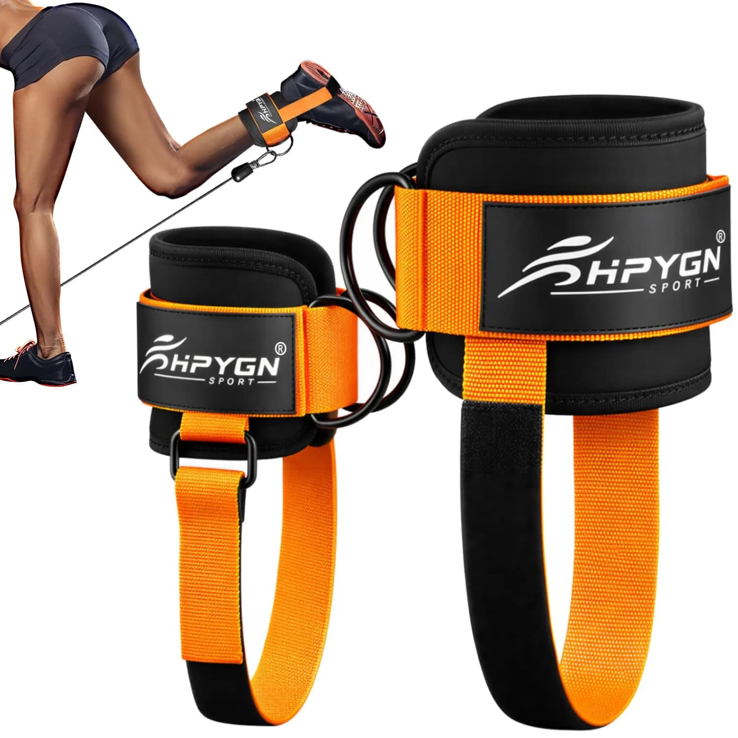 HPYGN Padded Ankle Strap for Cable Machine with Extra Strap & Carabiner, Orange (Pair) | Secure Glute & Leg Workouts - main product image