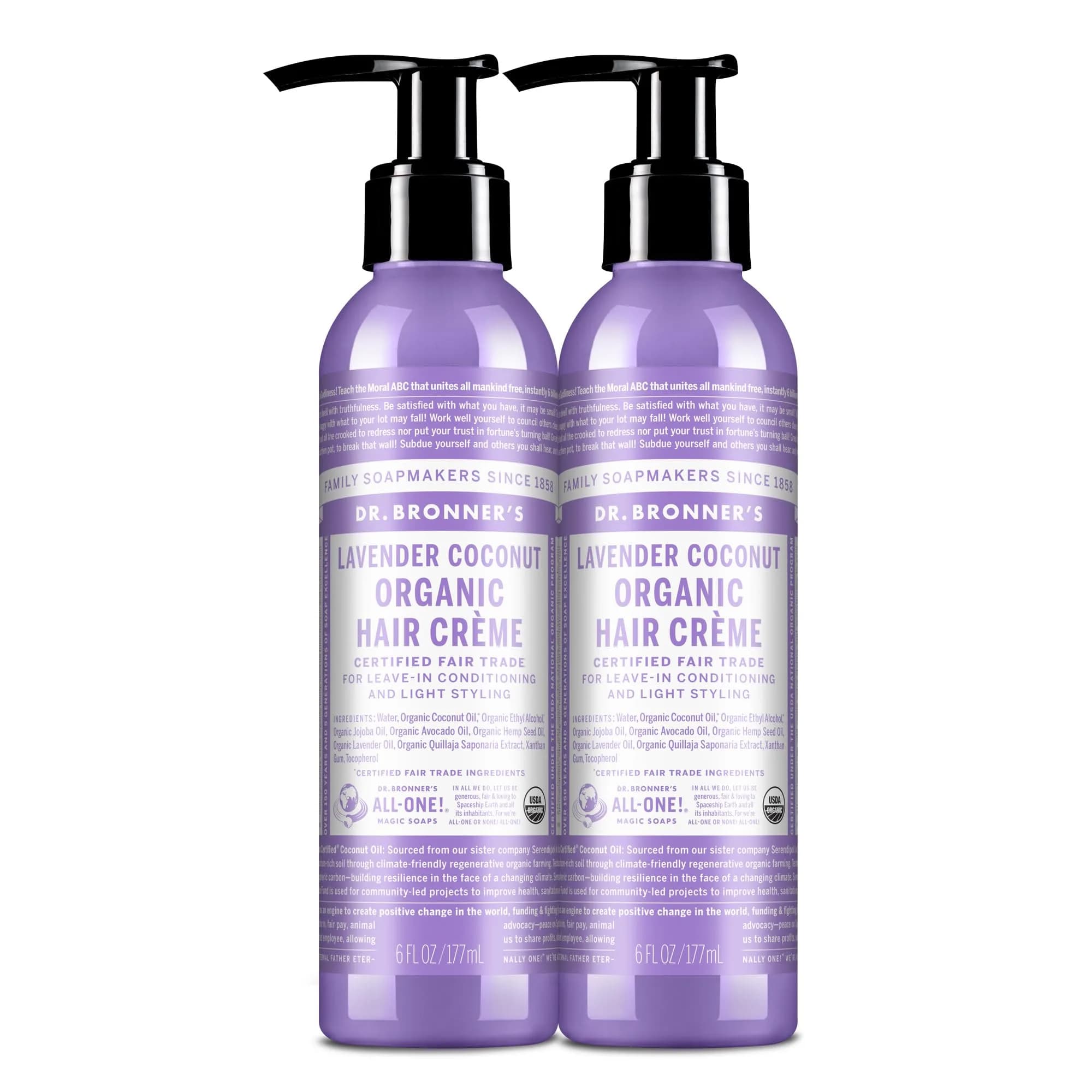 Dr. Bronner's Organic Hair Crème Leave-In Conditioner Styling Cream 177ml (6 fl oz) | USDA Organic & Fair Trade Ingredients — Lavender / 6 Fl Oz