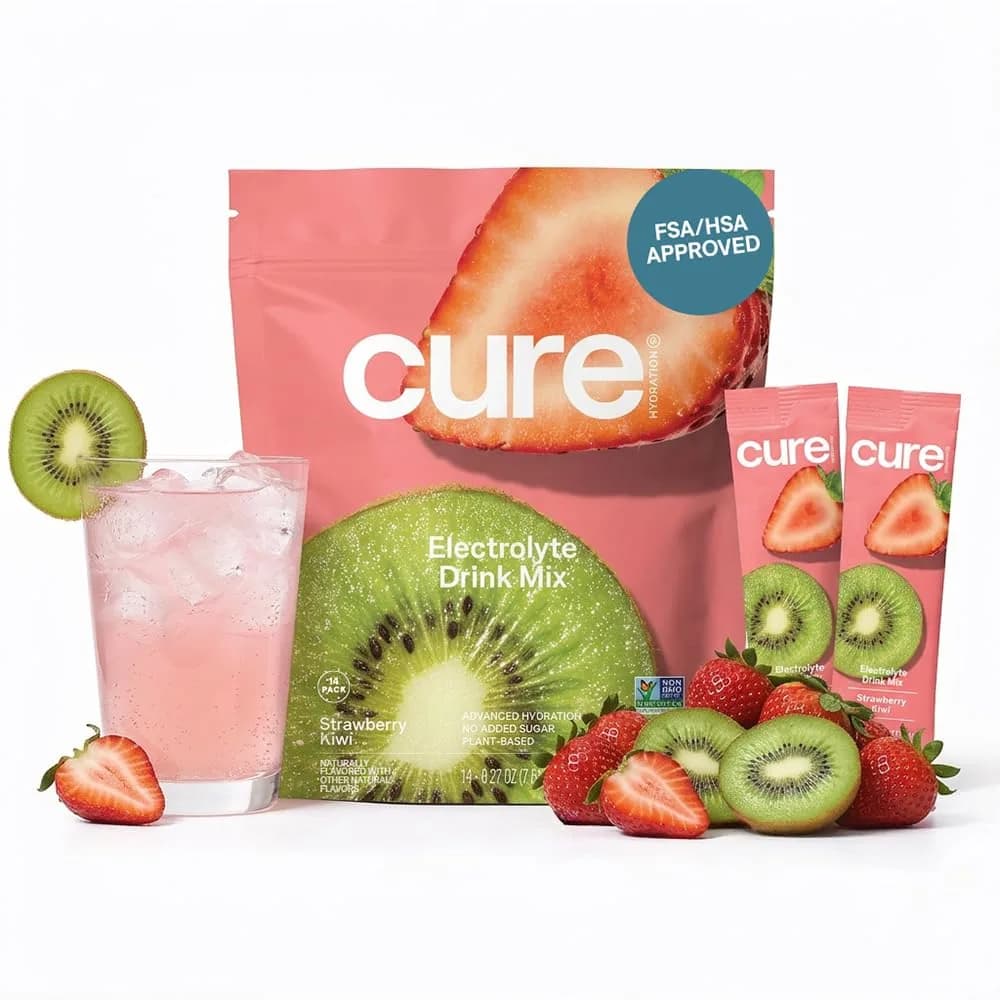 Cure Hydration Plant-Based Electrolyte Drink Mix Berry Pomegranate 14 Packets | Hydration Relief Powder — Strawberry Kiwi