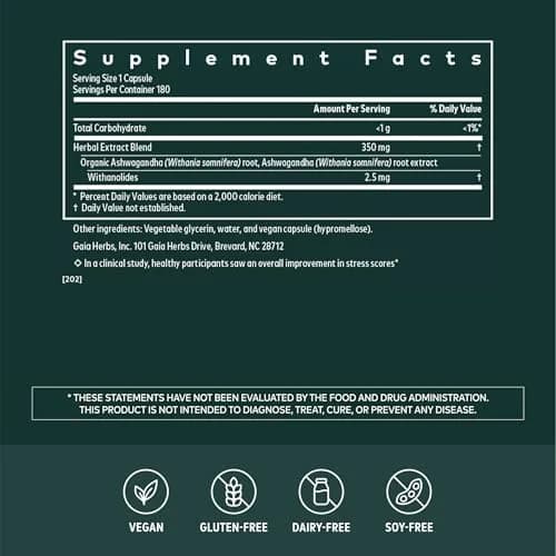 Gaia Herbs Ashwagandha Root 350 mg Vegan Capsules | 90 Servings (180 Count) thumbnail 2
