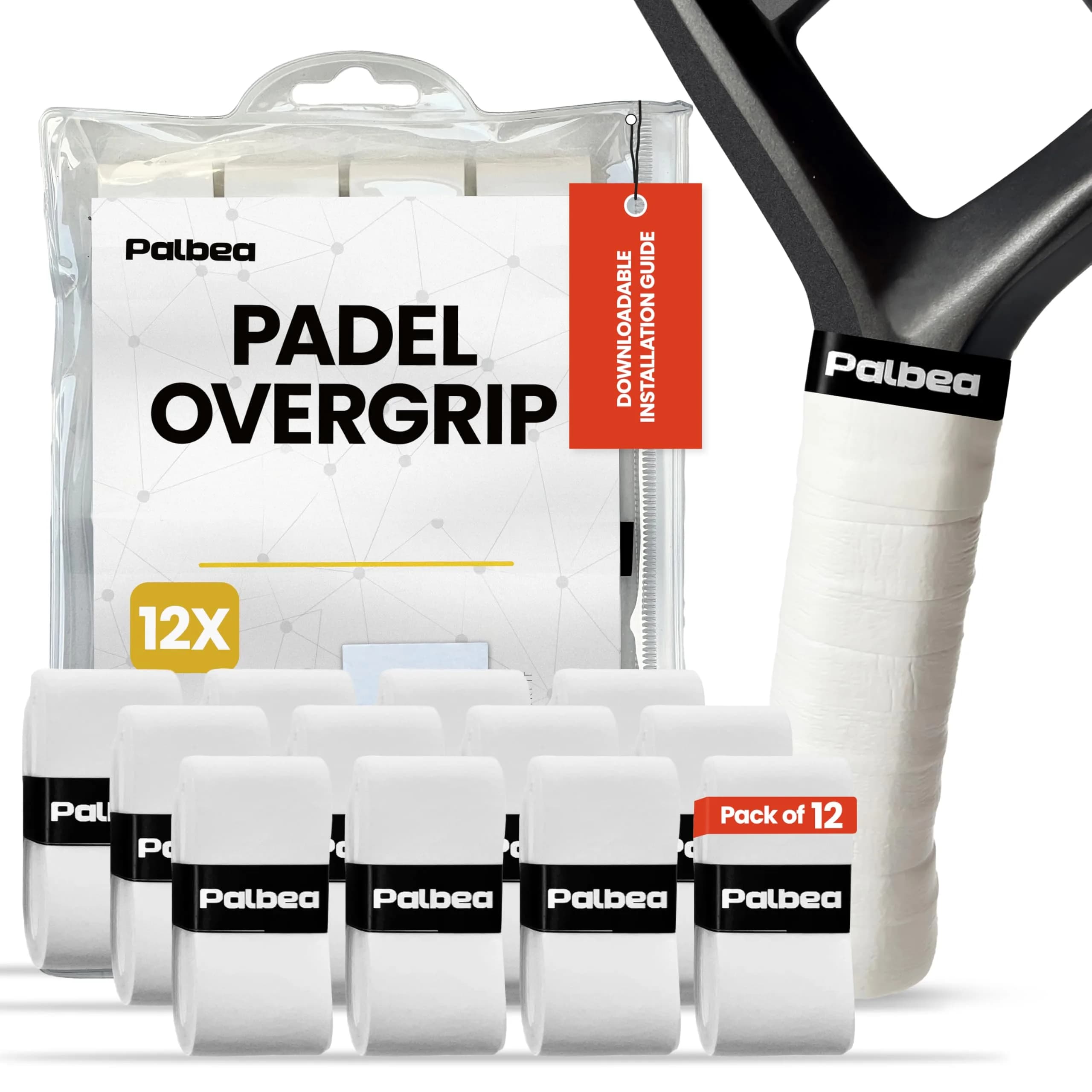 Palbea Padel Racket Grip Tape 60-Pack White | Sweat-Absorbent, Non-Slip, Enhanced Comfort — 12-Pack