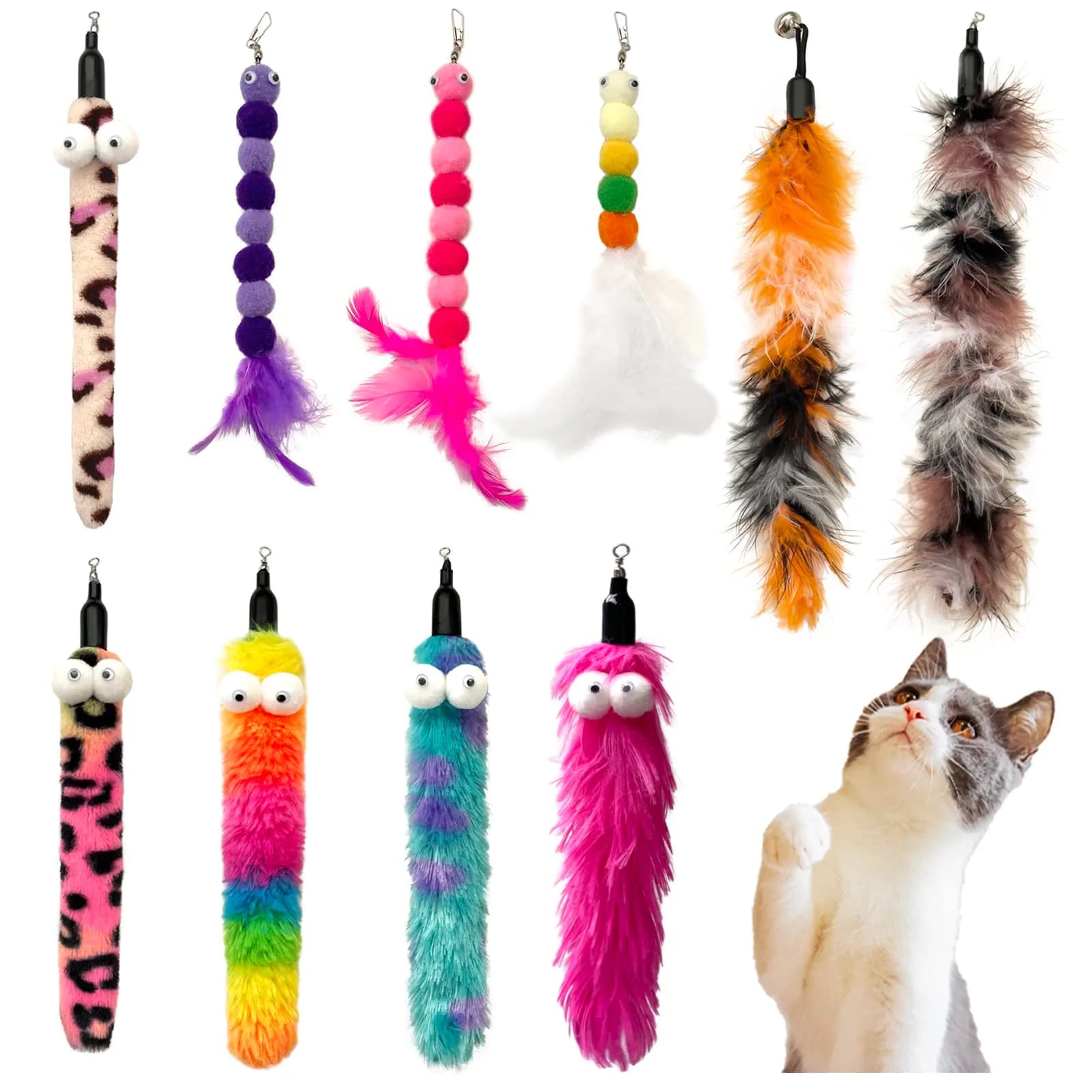 AcceLeah 16Pcs Cat Wand Refills, Worm & Dragonfly Attachments | Natural Plush, Safe & Durable — 10Pcs