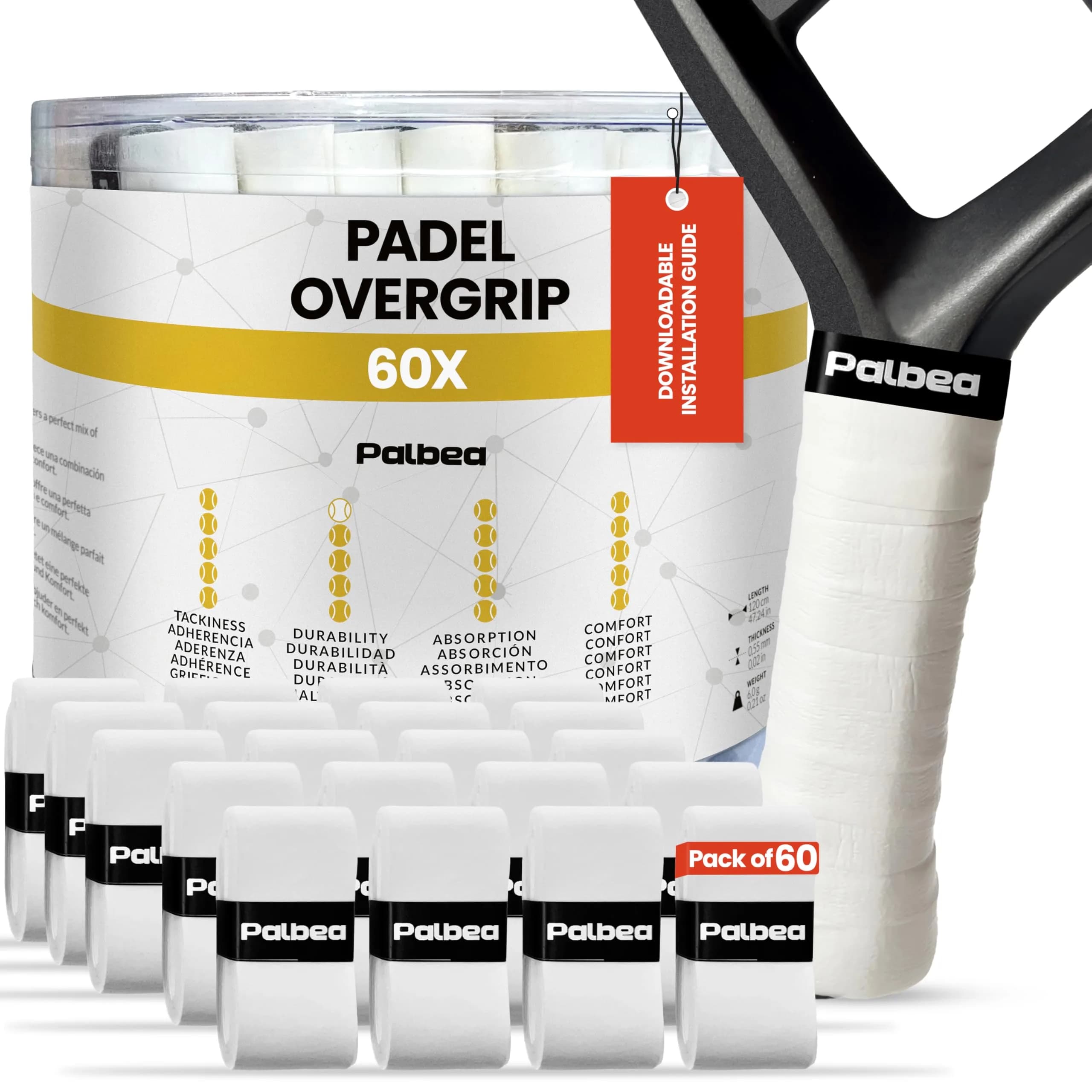 Palbea Padel Racket Grip Tape 60-Pack White | Sweat-Absorbent, Non-Slip, Enhanced Comfort