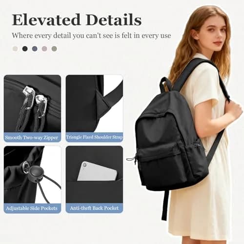 WEPOET Black Backpack For College Women, Middle High School Bag For Girls Bookbag | Water Resistant Nylon Daypack thumbnail 5