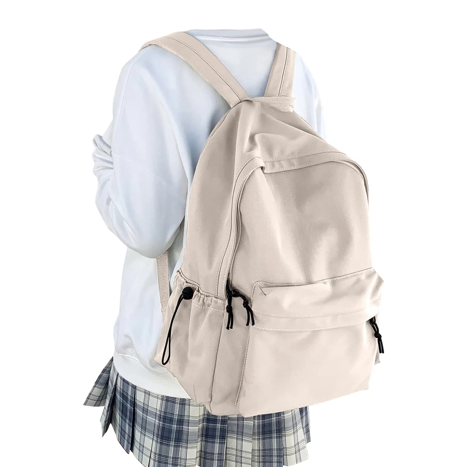 WEPOET Black Backpack For College Women, Middle High School Bag For Girls Bookbag | Water Resistant Nylon Daypack — Beige