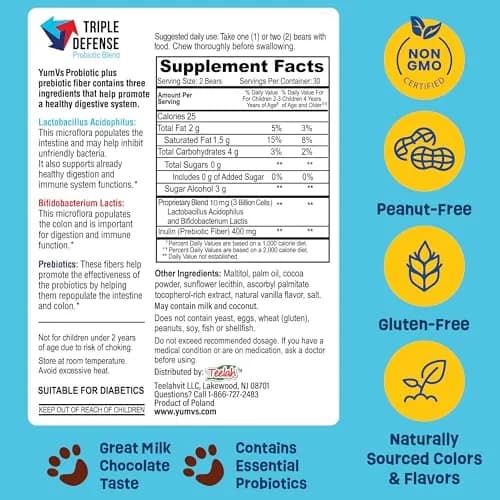 YUM-V'S Kids Probiotic Chocolate Bears 60 Count | 1 Billion CFU, Gluten-Free, Kosher & Halal (120g) thumbnail 5