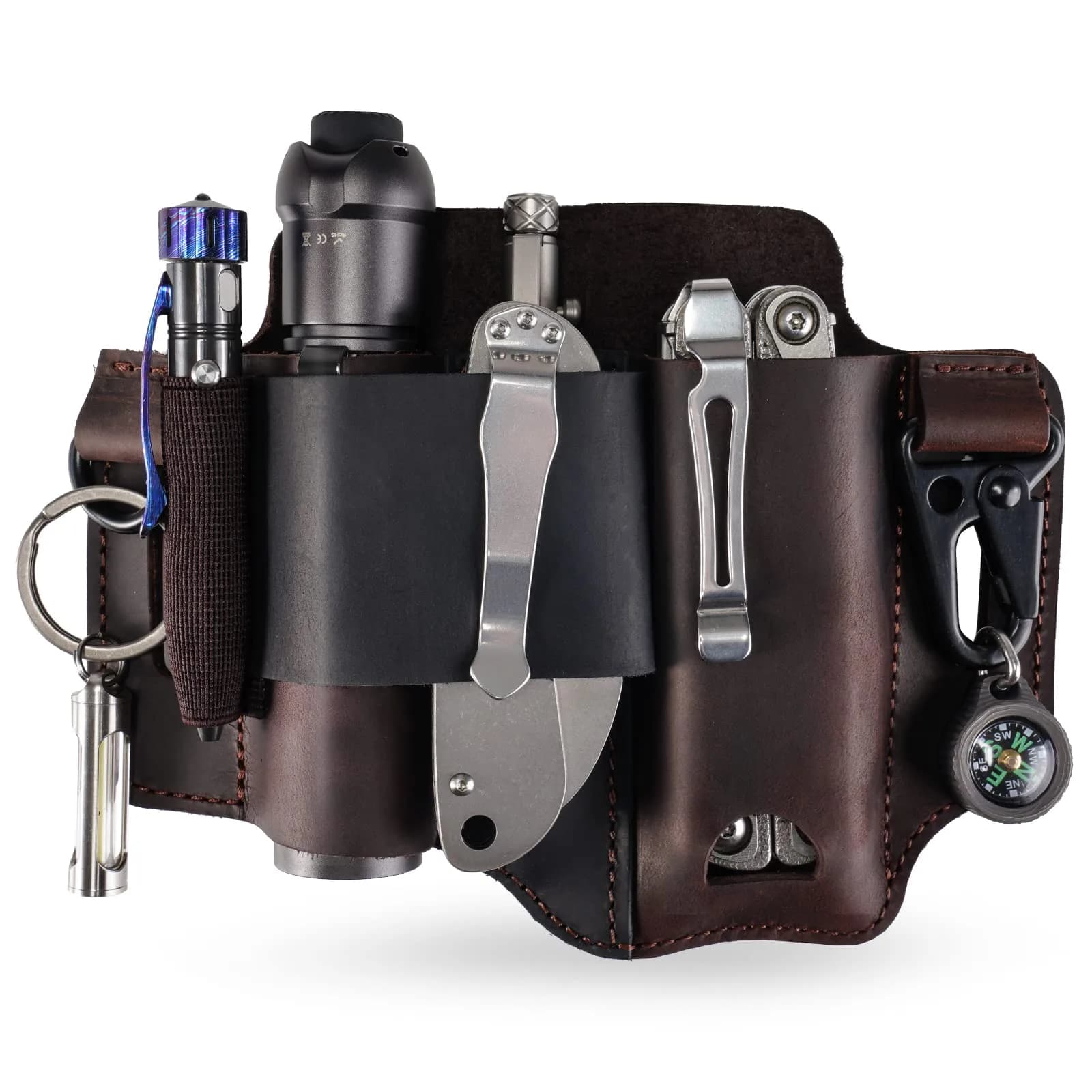 sayram ST2 Leather Multitool Sheath with Keychain Clip | Dark Black — Brown