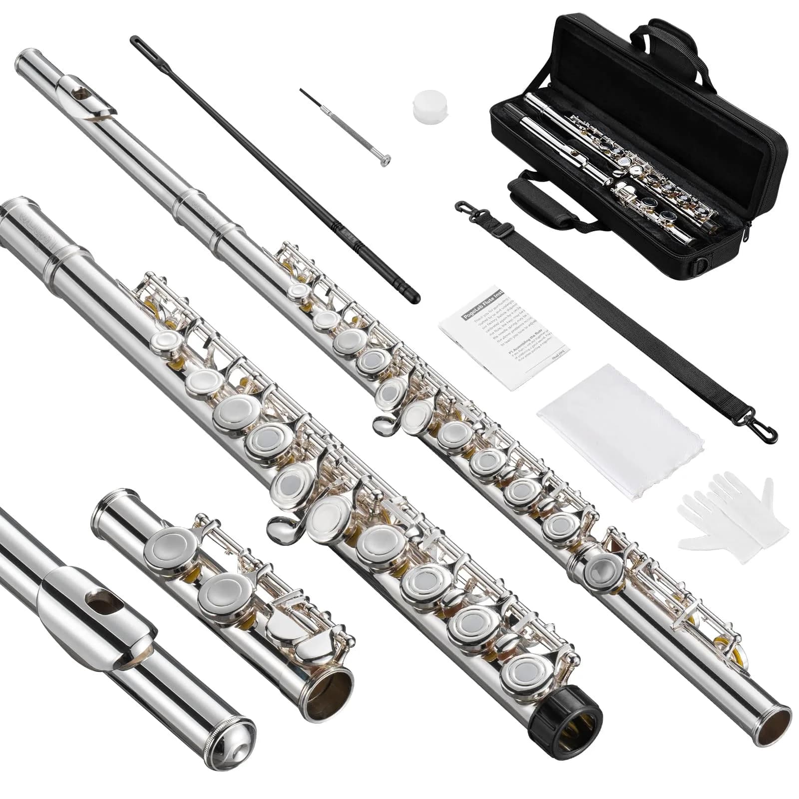 POGOLAB Flutes, Closed Hole C 16 Keys Flute for Beginners, Sky Blue | Student Brass & Woodwind Instrument — Silver Plated Open Hole